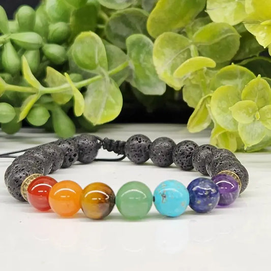 Chakra Semi-Precious Gemstone Adjustable Bracelet / Diffuser with Lava Stones