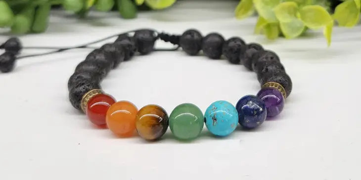 Chakra Semi-Precious Gemstone Adjustable Bracelet / Diffuser with Lava Stones